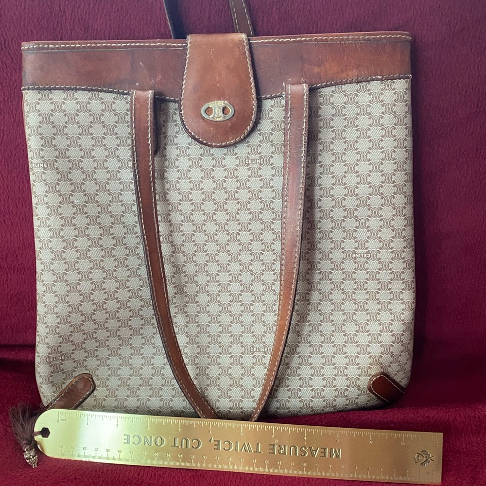 Celine Brown and Cream Patterned Tote Handbag / Purse with Brass Accent - Picture 2 of 10